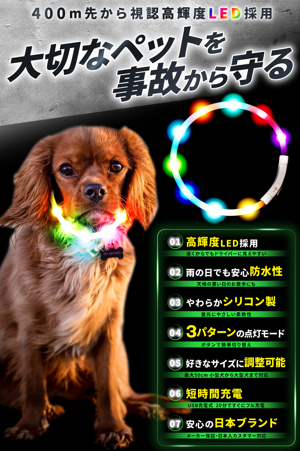 【楽天市場】光る首輪 充電式 犬 首輪 光る ペット 選べる7カラー 