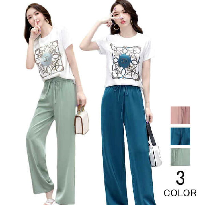楽天市場】Tシャツ パンツ 2点セット 半袖 ロング トップス ボトムス 