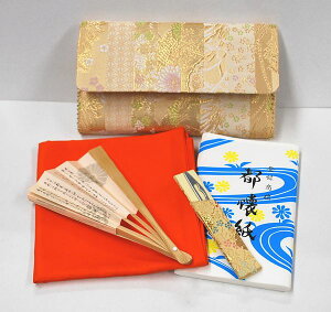 <茶道具・お稽古セット>帛紗セットI 正絹の帛紗が入りました、入門5点セットです。これから始められる、初心者の方の入門用の袱紗セットにもいかがでしょうか。朱色(オレンジ)の帛紗