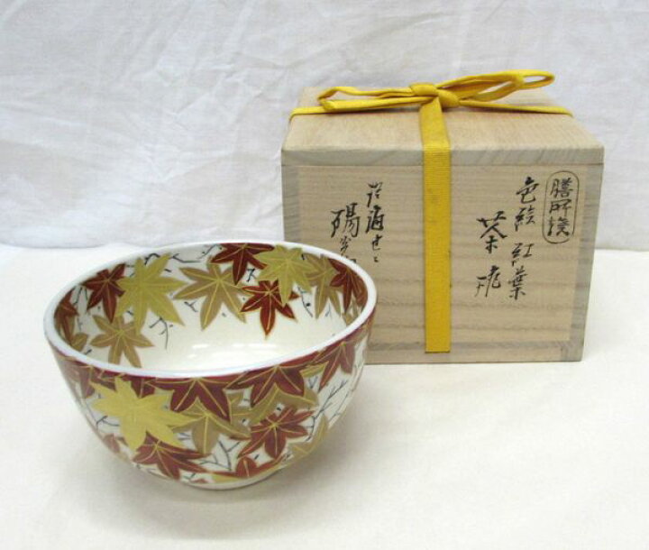 古物＜茶道具・茶碗＞色絵 紅葉の絵茶碗 膳所焼 陽炎園作 秋のお茶碗 