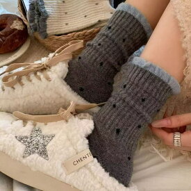 ドットのソックス 女性用 ドットの レース ウール ソックス ミドル 丈 秋冬 厚手 フリース 裏地 暖かい カラー ブロック 韓国 冬用 ロング【4足セット】