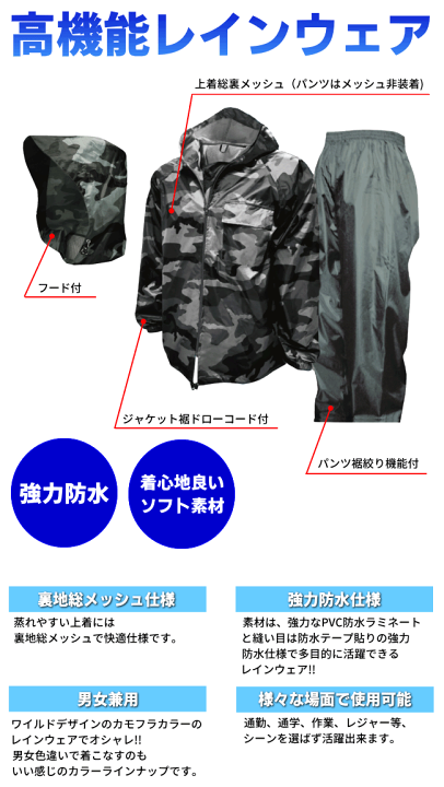 楽天市場】9/4(金)20時〜全品15%OFFクーポン トオケミレインウェア迷彩