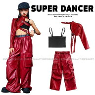 ダンス衣装 ガールズ 衣装 かっこいい 赤 レザー K-POP 韓国 セットアップ へそ出し トップス パンツ 子…