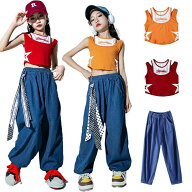 【送料無料】橙 赤 タンクトップ キッズ ダンス 衣装 セットアップ ジャズ jazz レッド オレンジ トップ…