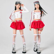 【送料無料】キッズ 子供用 ダンス衣装 ヒップホップ セットアップ 肩出し ショット丈 トップス 赤 ミニ…