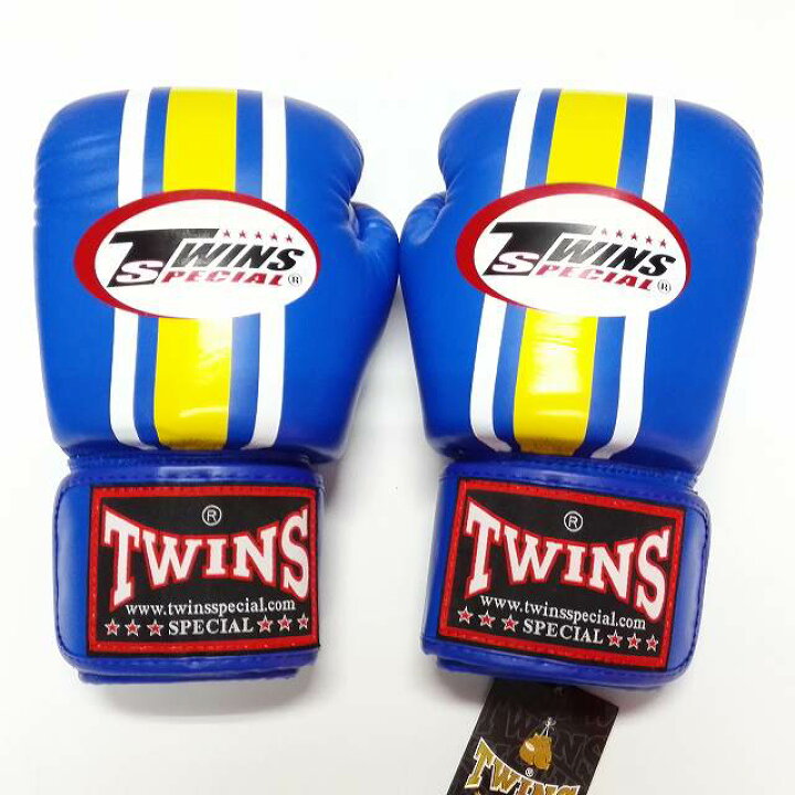 TWINS SPECIAL ボクシンググローブ 10oz 青黄白ライン ボクシング ムエタイ グローブ キック フィットネス 本革製 ツインズ 大人用 オンス ルンピ二ーストア