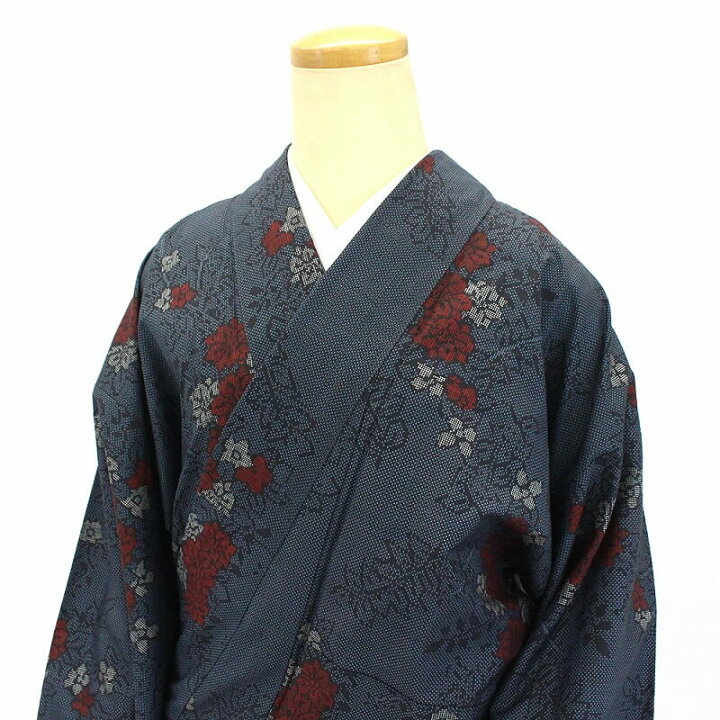 楽天市場】リサイクル着物 紬 大島紬 レディース 正絹 紺 赤 花 身丈 