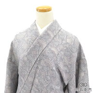 【中古】 単衣着物 小紋 レディース 正絹 灰色 扇文様 小粋 身丈162cm 裄丈67.5cm お稽古 お出かけ 食事…