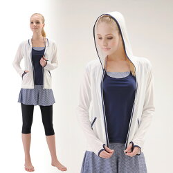 UVカット率90%以上ラッシュパーカーアイボリーカラーパイピング/水陸両用体型カバー体型隠し大きいサイズ