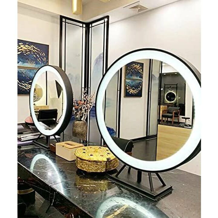 楽天市場 卓上ミラー ライト付き 50cm ブラック 丸型 大型 女優ミラー 化粧鏡 ハリウッドミラー メイク おしゃれ かわいい 3色led 1年保証 7 Ufirst