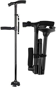 EASYLEE人気ステッキ杖自立式折りたたみ4点杖軽量アルミ製頑丈高輝度LEDライト搭載ダブルハンドル夜間散歩伸縮ステッキ5段階調整可補助ハンドル介護歩行補助杖倒れない母/父にプレゼン…