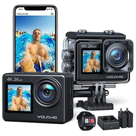 WOLFANG GA200 アクションカメラ 4K 24MP 防水40M デュアルスクリーンカメラ EIS手振れ補正 WIFI調整可能な広角 VLOGカメラ (充電器、2つのバッテリー、リモコンとアクセサリーキット)