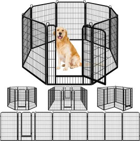 DINAH ALSOP ペットフェンス 中大型犬用— ペットケージ パネル8枚 ペットサークル 四角ポール 折り畳み式 トレーニングサークル スチール製 複数の組み合わせ 室内室外兼用 犬小屋 ペット栅 (高さ100CM-8枚 ブラック)