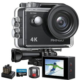 AKASO EK7000 アクションカメラ 4K 2000万画素 64GBメモリカード付き 水中カメラ WIFI搭載 外部マイク対応 30M防水 HDMI出力 170度広角レンズ リモコン付き 1050MAHバッテリー2個付き アクションカム