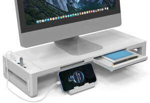 EAYHMモニター台卓上USBドッキング付きPC机上台USB/TYPE-C急速充電対応折りたたみ可能パソコンスタンド引き出しとスマホホルダー付きパソコン台幅3段階可変モニタースタンド耐荷重25Kg(白-USB…