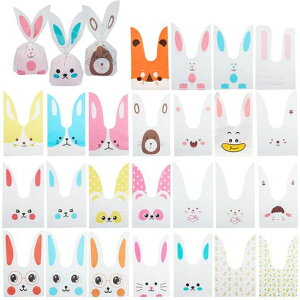 PHPandaHallうさぎの耳形袋ギフトふくろウサギ袋約100枚25種ギフトバッグ非透明ステッカー付プラスチック袋ギフトプレゼントバッグポリ袋小分け収納レジ袋可愛いイースターラッピング袋23…