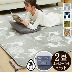 【送料無料】 ホットカーペット カバー 洗える ラグマット〔モリス〕 2畳（186x186cm）+ホットカーペット本体セット セット 電気カーペット ラグ マット あったか ふんわり 北欧 防ダニ シャギー エルク 無地 フランネル 保温シート