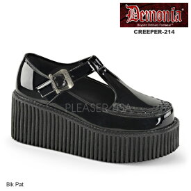 選べる靴用品プレゼント付 DEMONIA(デモニア) 厚底靴 クリーパー 地雷系 靴 CREEPER-214-BLKPAT エナメル黒◆取り寄せ