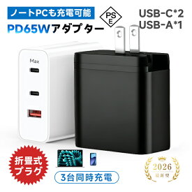 【超軽量・超小型・PSE認証】 PD 65W急速充電器 ACアダプター USB充電器 高速充電 PD対応 3ポート 3台同時充電 iPhone 17/16/15/14/13/12シリーズ機種対応 Xperia/GALAXY Android各機種対応 スマホ充電器 高い互換性 高出力 90日安心保証付き 【PL保険加入済み製品・安心】