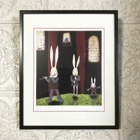 絵画 静物画 ポスター 額入り【ウサギ兄弟】四ツ切　インテリア フルート クラリネット