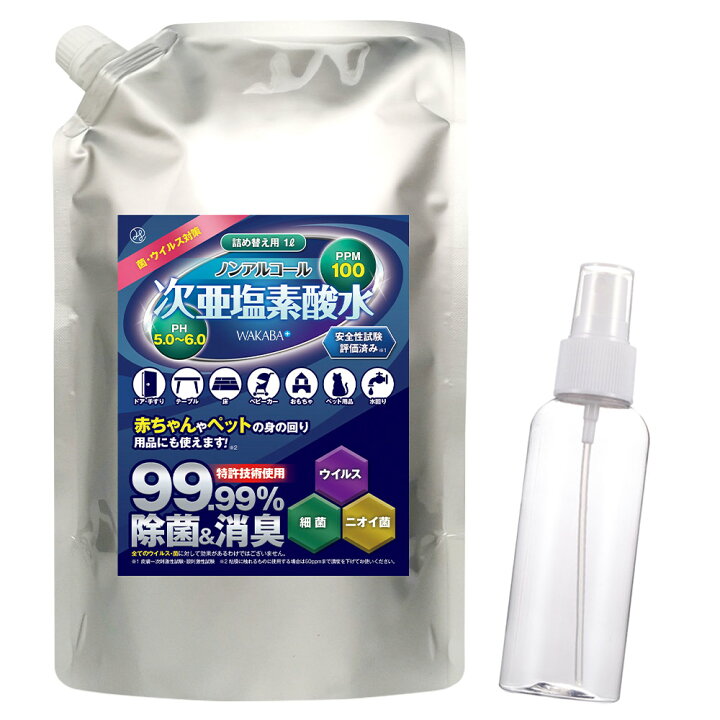 楽天市場 次亜塩素酸水 日本製 赤ちゃんにも使える 除菌スプレー おすすめ Wakaba 1lアルミパック スプレーボトル 容器 付き わかばプラス 手 の 消毒 にも使える 希釈不要 安定 携帯スプレー マスク 除菌 容器 遮光 長期保存 除菌スプレー アートインテリア額縁