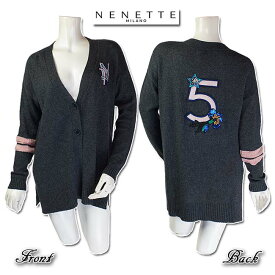 秋冬　【合わせ買い対象】 　　イタリア "NENETTE" バイヤーIKUKOお薦め！ ロゴ模様とビジューが綺麗なカーディガン　サイズS【当初33241】 【ウール混】 【アルパカ混】