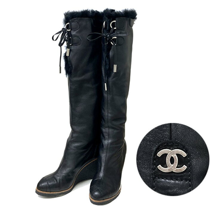 楽天市場】シャネル CHANEL ロングブーツ サイズ37ハーフ 約23~24cm 黒 