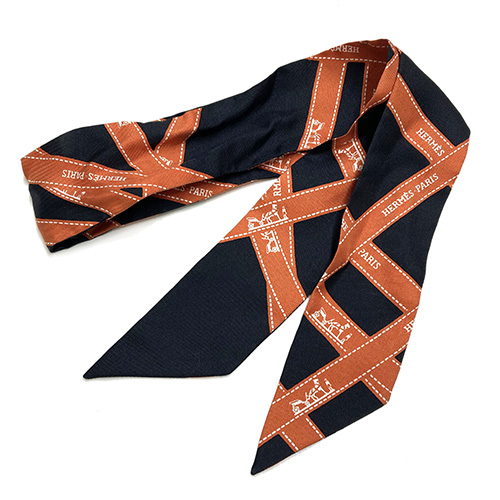 エルメス ツイリー リボン柄 オレンジ ブラック HERMES シルクツイル 黒 スカーフ ブランド