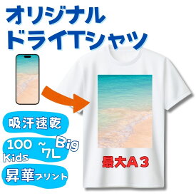 【オリジナルTシャツ】ドライ　Tシャツ 速乾　吸収　スポーツ　ホワイトTシャツ 文字入れ自由！ポリエステル100%であなただけの1枚を 約A3サイズ 自由 写真 イラスト 絵 作品 チームロゴ ペット 愛犬 愛猫 画像 プレゼントに最適！誕生日 お揃い Original tshirt