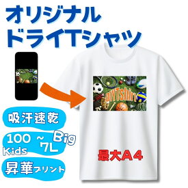 【オリジナルTシャツ】ドライ　Tシャツ 速乾　吸収　スポーツ　ホワイトTシャツ 文字入れ自由！ポリエステル100%であなただけの1枚を 約A4サイズ 自由 写真 イラスト 絵 作品 チームロゴ ペット 愛犬 愛猫 画像 プレゼントに最適！誕生日 お揃い Original tshirt