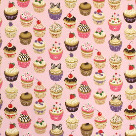 (カーテン生地測り売り) 生地巾 約160cm × 長さ1m～20m （ 244301/カップケーキ ） 綿100％ ウォッシャブル パステルピンクのドット(水玉)にカップケーキが並んだ愛らしいデザイン
