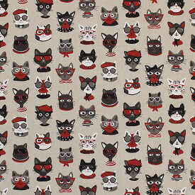 (カーテン生地測り売り) 生地巾 約138cm × 長さ1m～20m （ 4781-001/Funny cat ） 綿・ポリエステル ウォッシャブル フランス製 直輸入生地 (mfta社) 眼鏡をかけたユーモラスな猫たちが楽しいデザイン(Funny cat/4781-001)