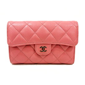 【栄】【CHANEL】シャネル ミディアム クラシック フラップ ウォレット マトラッセ 三つ折り財布 ゴールド金具 ココマーク ピンク キャビア【中古】