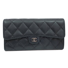 【栄】【CHANEL】シャネル 長財布 ロングフラップウォレット マトラッセ A80758 キャビアスキン BK/SV ココマーク 25番台/8桁シリアル 女性 レディース 服飾小物 その他 保証書 袋 箱【中古】