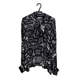 【名東】【BALENCIAGA】バレンシアガ ブラウス 総柄 34サイズ ブラック ホワイト 黒 白 シルク 長袖 レディース アパレル 女 服【中古】