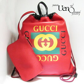 【中古】GUCCI グッチ ドローストリング バックパック リュック シェリーライン ロゴプリント レザー(赤×黒)【質屋】【質ウエノ】
