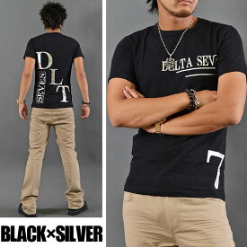 Tシャツ メンズ　ティーシャツ　箔プリント半袖Tシャツ メンズ　黒　ブラック　シルバー　ゴールド　カジュアル　きれいめ　キレイメ　ロック　M　L　XL　DELTA