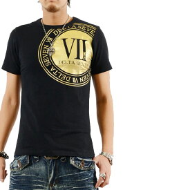 Tシャツ メンズ　ティーシャツ　箔プリント半袖Tシャツ　黒　ブラック　ホワイト　カジュアル　きれいめ　キレイメ　ロック　M　L　XL　DELTA