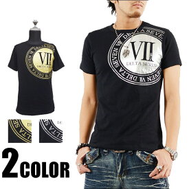 Tシャツ メンズ　ティーシャツ　箔プリント半袖Tシャツ　黒　ブラック　ホワイト　カジュアル　きれいめ　キレイメ　ロック　M　L　XL　DELTA