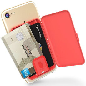 Sinjimoru 貼り付け型スマホカードケース、Android・i Phone SE 2020など携帯電話やスマホケースの背面に IC SUICAカード収納できる定期入れ 携帯ステッカーポケット。Card Zipコーラルレッド