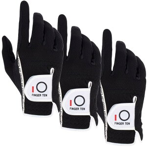 FINGER TEN ゴルフグローブメンズ全天候型左手用滑り止め柔らかいゴルフ繊維布フィット感マジックテープ汗防止多機能3枚セット (左手着用-25, ブラック)