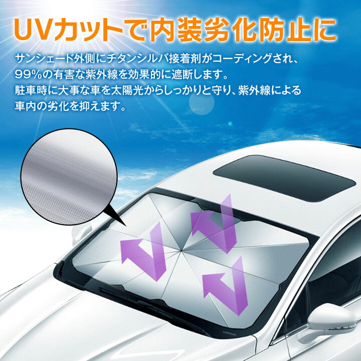楽天市場 車用 サンシェード 傘型 フロント 折りたたみ傘 日よけ Uvカット 遮光 断熱 フロントガラス 車用パラソル 145 79cm 放熱効果倍増 紫外線カット 目隠し 車中泊 仮眠 プライバシー保護 暑さ対策 カーパーツ Katsunoki国際