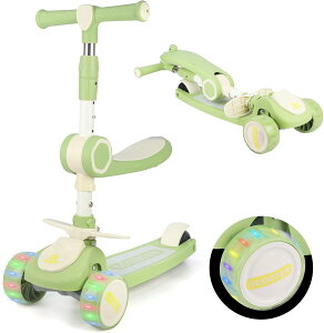 10%OFF+P5倍!【頑丈&安全】キックボード 子供 3輪 座る キッズスクーター キックスクーター 3way こども 乗り物 4段階高さ調整 シート LED光るタイヤ ブレーキ付き 折り畳み式 3~10歳 三輪車 室内