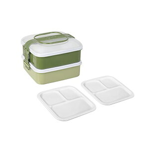 【5個セット】 サンコープラ サンコープラスチック 弁当箱 ピクニックケース リオパック 2段 取り皿2枚付き アースグリーン 約幅20.2×奥行19×高さ13.8cm