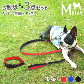 リード 首輪 ハーネス お散歩3点 セット Mサイズ 中型犬用 【全3色】ペット用 かわいいデニム 適応体重12Kg以下