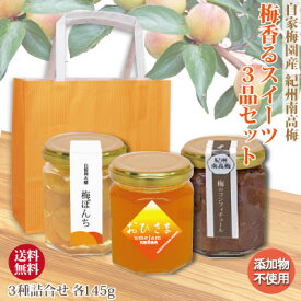 送料無料 ギフト 紀州南高梅 スイーツ 3種 詰合 おひさま梅じゃむ ・梅ぽんち ・梅のコンフィチュール各145g 計3個 詰合せ 手提げ袋入完熟梅ジャムと紀州南高梅のコンポートと 梅のコンフィチュール添加物不使用 梅 健康 お中元 お歳暮