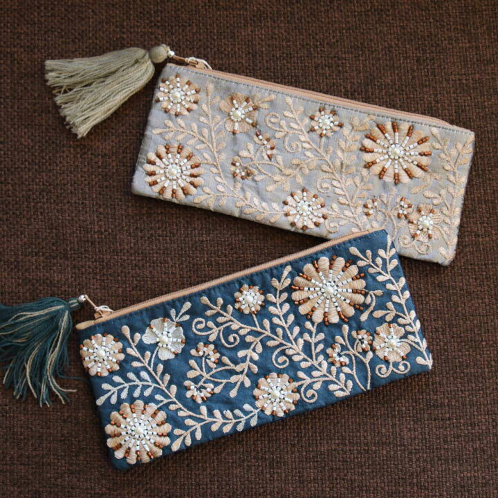 楽天市場】フラットポーチ モロッカン ビーズ刺繍 タッセル付き(カラー 