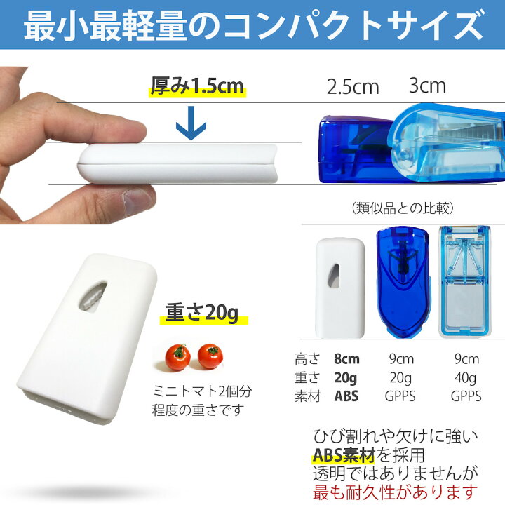 楽天市場 楽天1位 高評価レビュー4 5点 累計112 742個販売 薄くて軽いピルカッター コンパクト 最小最軽量サイズ ピルケース機能付き 携帯に便利 薬カッター ピルカッター 錠剤カッター タブレット 錠剤 カット 2分割 ピル カッター ピルケース 送料無料 便利