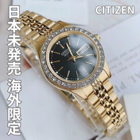 ［日本未発売］［逆輸入海外モデル］［海外CITIZEN］シチズン 時計 レディース シチズン 腕時計 レディース 日本製クォーツ 25.5 mm ゴールド ブラック CITIZEN Quartz Crystal Black Dial Ladies Watch EQ0532-55E 海外取寄せ 送料無料