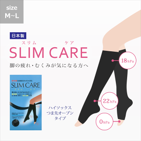 【送料無料】SLIM CARE(スリムケア) ハイソックス(ひざ下) つま先オープンタイプ着圧ソックス くつ下 靴下 2段階変圧 段階圧力設計 むくみ 脚の疲れ 美脚効果 オープントゥ レディース 日本製 (M/L)【911-4211】【返品交換不可】【メール便可50％】